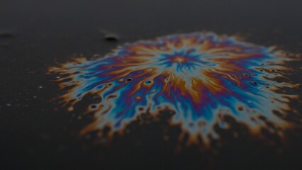 Obraz premium Oil spill on dark water surface with vibrant colors.
