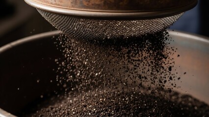 Sifting coffee grounds through a metal sieve into a container.