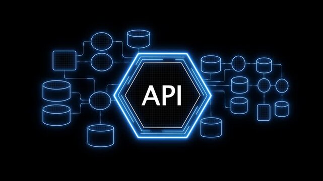 Glowing Neon API Logo with Binary Code Background in Vertical Format, modern application programming interface technology concept