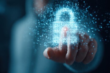 Digital security concept with holographic padlock and hand gesture in focus