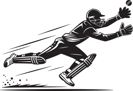 A cricket wicket keeper dives to catch a ball in action
