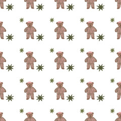 Hand-drawn seamless pattern with a cute teddy bear in pajamas and stars on a white background. Cozy illustration perfect for kids textiles, nursery decor, pajamas, wallpaper and wrapping paper.
