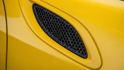 Yellow sports car vent close-up with black mesh detail.