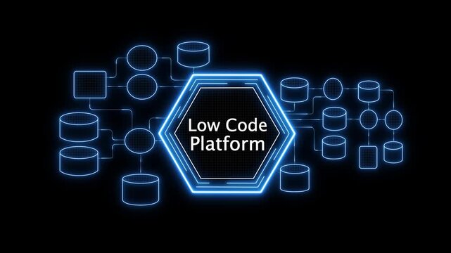LOW CODE PLATFORM for Business and Finance Concept.LOW CODE PLATFORM artificial intelligence neural network..4K black background visuals