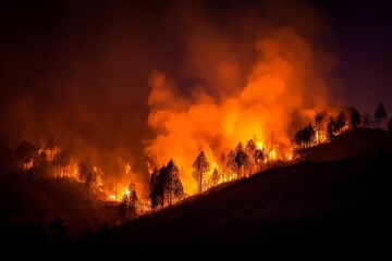Forest fire at night with bright orange flames contrasting against dark sky, dramatic lighting and strong contrast