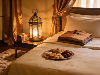 Fototapeta premium Plate of cookies and dates with a gift and lantern on a bed food dessert