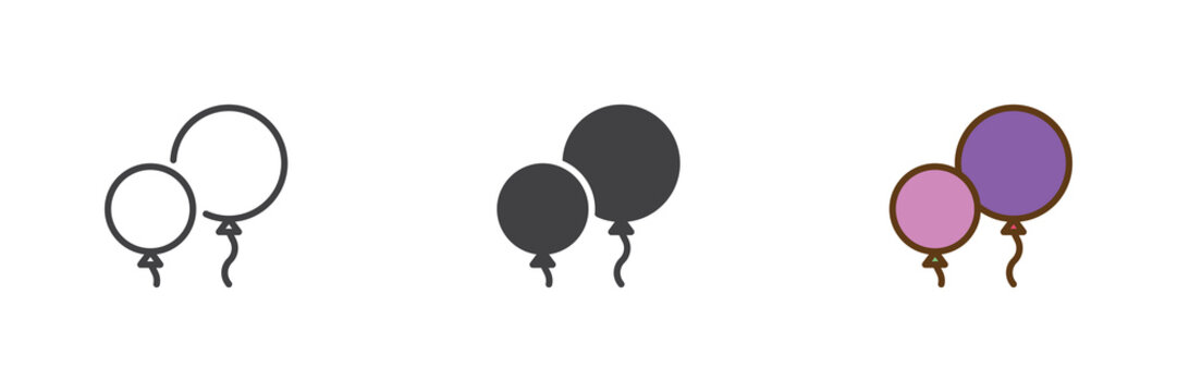 Party balloons decoration different style icon set. Line, solid and filled outline colorful icon for celebration and events. Floating balloons vector sign and symbol icon.