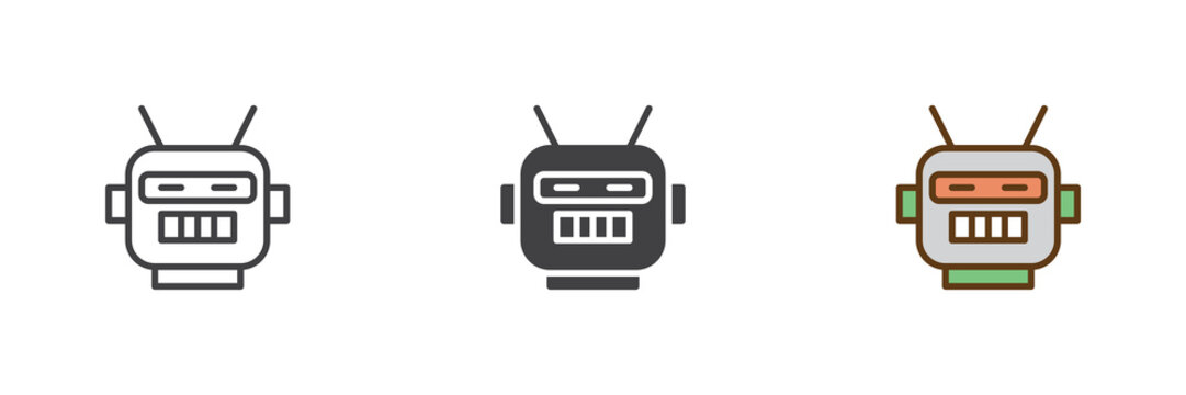Robot mask character different style icon set. Line, solid and filled outline colorful icon for sci fi or party costume. Mechanical face vector sign and symbol icon.