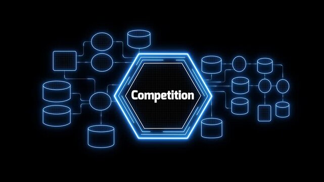 Futuristic competition concept animation with glowing digital network nodes and connections, abstract business rivalry technology background on dark