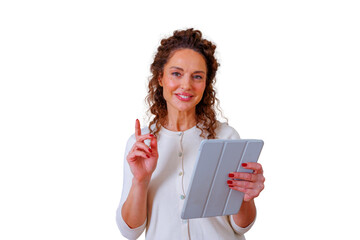 Woman generating business idea on tablet, pointing up, smiling with transparent background