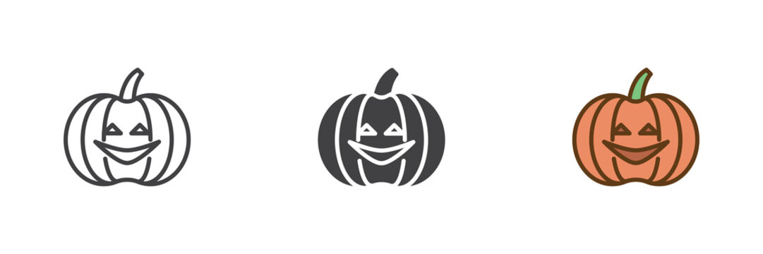 Halloween pumpkin jack o lantern different style icon set. Line, solid and filled outline colorful icon for spooky party decoration. Autumn pumpkin vector sign and symbol icon.