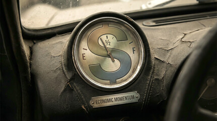 Vintage car dashboard gauge with dollar sign symbol and economic momentum plaque
