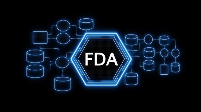 FDA concept animation with connected icons network, food and drug administration functions and regulations diagram, digital compliance technology background