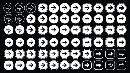 Set of 60 White Arrow Icons Vector on Black Background