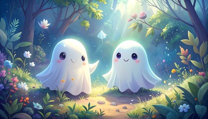 Adorable cartoon ghosts in a sunlit forest clearing with wildflowers and trees