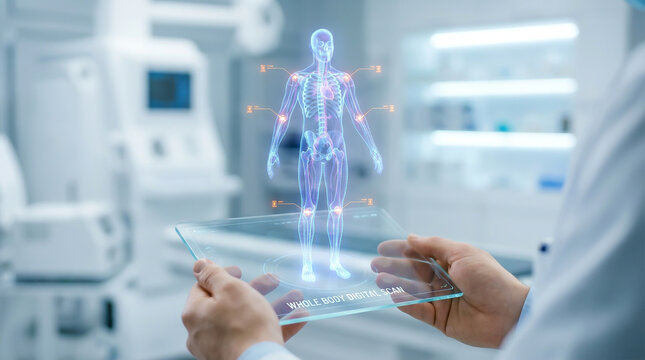 Doctor Holding Transparent Tablet with 3D Human Body Hologram for Futuristic Digital Whole Body Scan and Medical Diagnosis