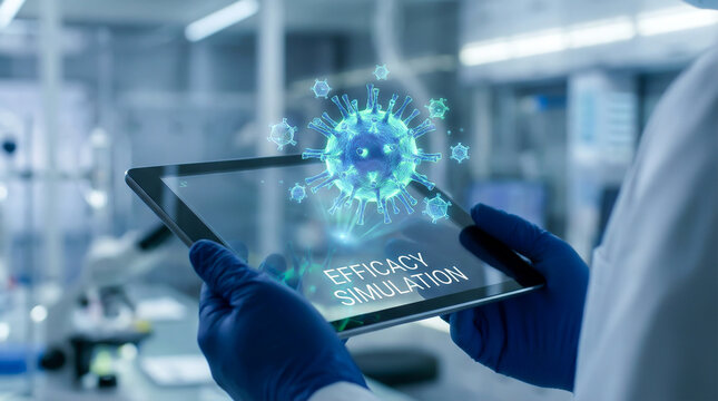 Scientist in a Laboratory Holding a Tablet with a 3D Virus Hologram for Efficacy Simulation and Vaccine Research