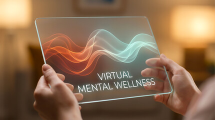 Hands holding a futuristic transparent tablet displaying Virtual Mental Wellness text with digital wave graphics for online therapy and healthcare