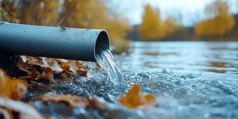 Industrial pipe leaks polluted water into river during autumn season