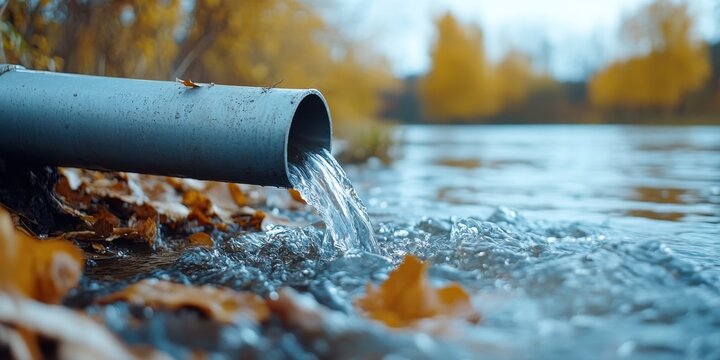 Industrial pipe leaks polluted water into river during autumn season