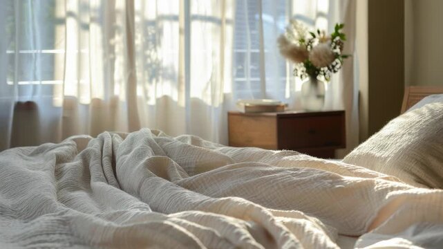 Video A cozy bedroom scene with a bed featuring a white comforter and a vase of flowers