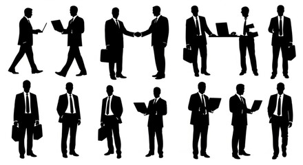 Silhouettes of businessmen in various professional poses with briefcases and laptops