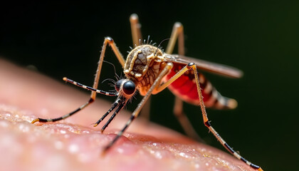 Fototapeta premium Extreme close-up macro shot of a mosquito feeding on human skin with its proboscis inserted