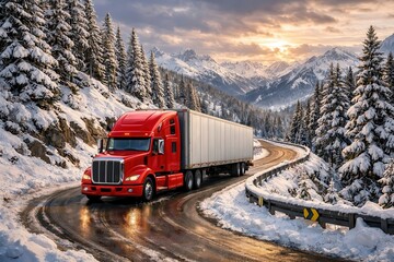 Red semi truck hauling a long trailer along a winding icy mountain highway through snowy pine forest with sunrise over rugged winter peaks