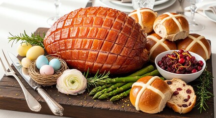Deliciously glazed easter ham with hot cross buns and cranberry sauce