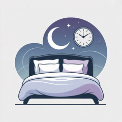 Bed at Night with Crescent Moon, Stars, and Clock Vector Illustration