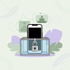 Smartphone Locked in Transparent Box with Padlock, Data Privacy Concept Illustration