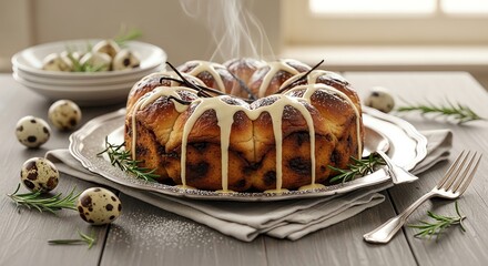 Warm pull-apart bread crown drizzled with glaze and served with quail eggs