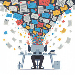 Overwhelmed Person at Office Desk with Emails and Documents Exploding from Computer, Flat Illustration