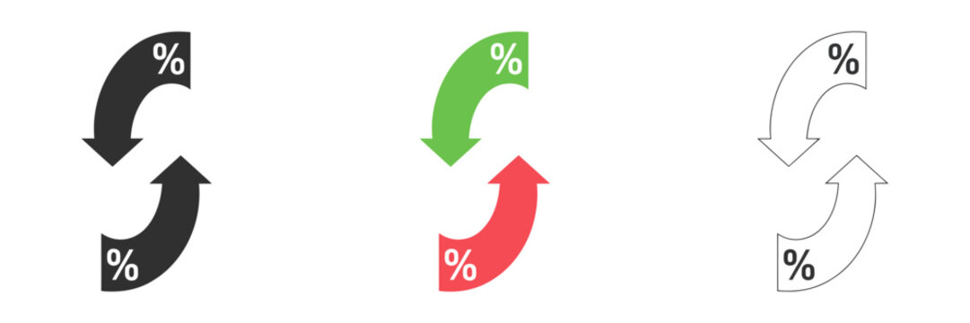 Percentage up and down arrows icon set illustrating financial change or discount