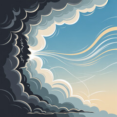 Storm Clouds Blowing Wind Towards Clear Blue Sky Stylized Illustration