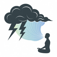 Meditating Person Exhaling Calming Breath Dispelling Storm Cloud Vector Illustration