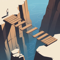 Broken Wooden Bridge over Deep Canyon, Man Facing Obstacle Illustration