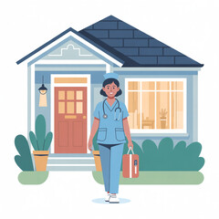Female Nurse Walking with Medical Bag in Front of House Flat Vector Illustration
