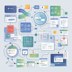 Data Flow Network Connecting UI Elements with Laptop in Flat Design Illustration