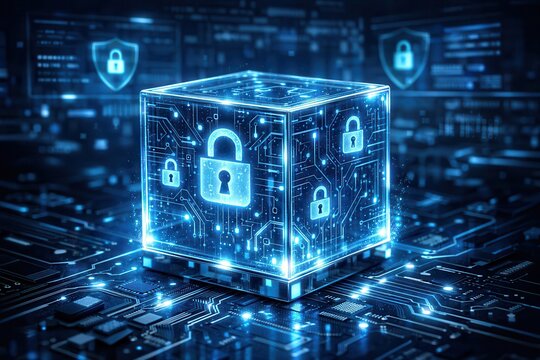 Glowing digital security cube with padlock icons on futuristic circuit board background, representing cybersecurity encryption, data protection, and secure network access
