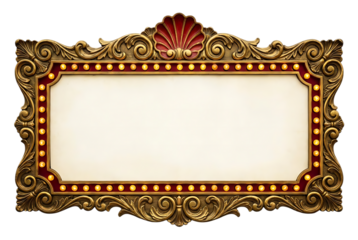 An ornate golden frame with a red and yellow illuminated marquee border ideal for text placement on transparent background high quality professional detailed