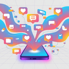 Smartphone Emitting Social Media Icons with Gradient Flow on Digital Grid Background