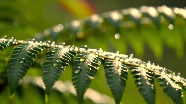 Close-up of morning dew droplets sparkling on vibrant green fern leaves in a lush rainforest. video