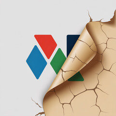 Peeling Paper Revealing Cracked Surface Under Modern Geometric Logo, White Background Illustration