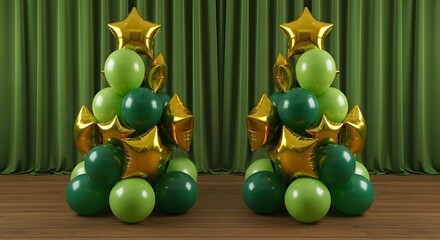 Two green balloon sculptures with gold stars on a wooden floor