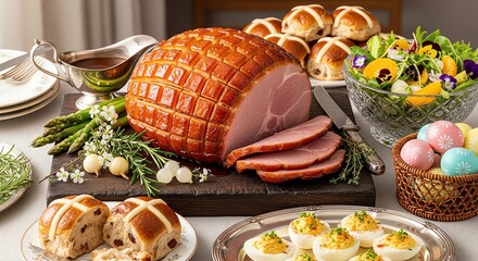 Delicious easter feast featuring glazed ham, hot cross buns, and deviled eggs