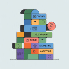 Digital Strategy Building Blocks Stacked Flat Design Illustration