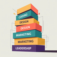 Business Skill Development Blocks Stacked with Leadership Foundation Flat Design