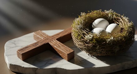 Easter nest with eggs and wooden cross on marble plate