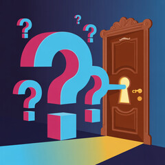 Mystery Door with Glowing Keyhole and Floating Question Marks Illustration